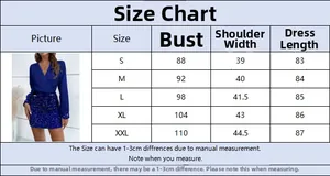 Size chart for V-neck sequin dress showing bust, shoulder, and length measurements