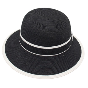 Classic black and white straw sun hat with wide brim and elegant metallic accent detail