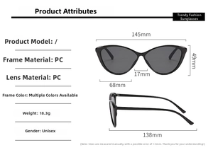 Detailed size guide for cat eye sunglasses showing PC frame dimensions and 18.3g weight