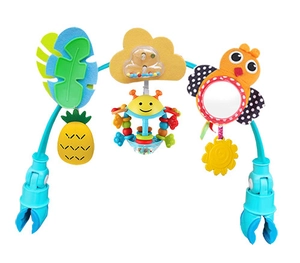 Close-up of baby stroller arch toy with colorful hanging rattles and secure blue clips
