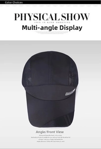 Detail of black sports baseball cap showing mesh panels and white SPORTS lettering