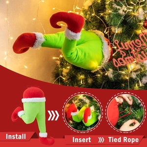 Detail view of Grinch style plush legs for Christmas tree decoration with install steps