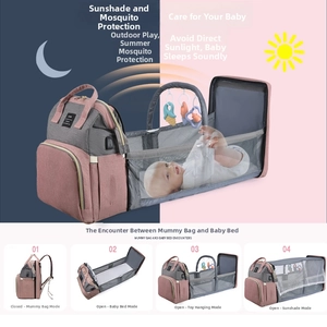 Detail showing multifunctional baby diaper bag expanding into a portable crib with sunshade