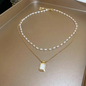 French vintage double layer necklace with pearl beads and rectangular gold pendant