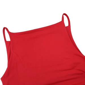 Close-up of red square neck camisole top with fine knitted texture and thin straps