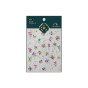 Laser floral nail art stickers with pearl accents on a minimalist card background