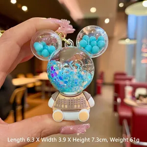 Detail of Mickey-shaped keychain with blue beads and purple sequins in a clear globe
