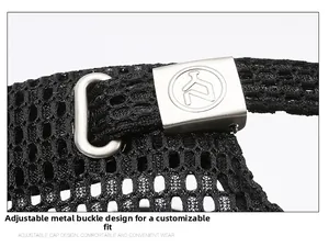 Detailed view of breathable mesh fabric and adjustable metal buckle on black baseball cap