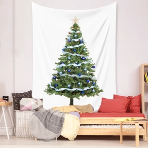 Detail view of a Bohemian Christmas tree tapestry hanging above a bed in a cozy room