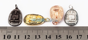 Detailed size comparison of four oval Buddha pendants in gold, silver, rose gold and black