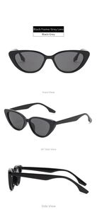 Three-angle view of black cat-eye sunglasses with dark grey lenses on white background