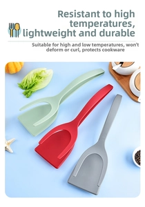 Close-up of heat-resistant nylon 2-in-1 food shovel and spatula tongs in three colors