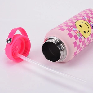 Detail of pink plaid stainless steel water bottle with straw and spread happiness print