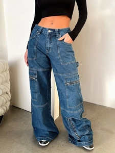 Women High Waist Cargo Jeans Multi Pocket Wide Leg Baggy Denim Pants Vintage Streetwear Casual Style For Lady