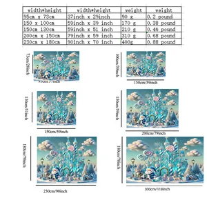 Size chart for Christmas wall tapestries showing multiple dimensions and weight in CM and Inches