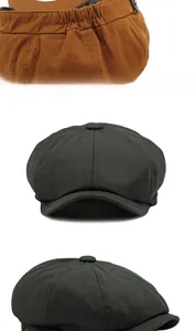 Detail of vintage cotton newsboy caps in tan and black with elastic back and button top