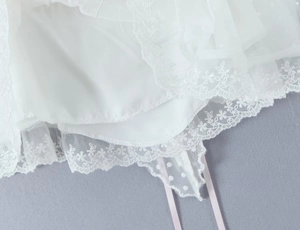 Detailaufnahme aus weißem transparentem Netzstoff mit feiner Spitzenstickerei und Futter