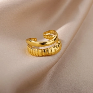 Detailed close-up of 18k gold-plated double-layer braided ring on champagne silk