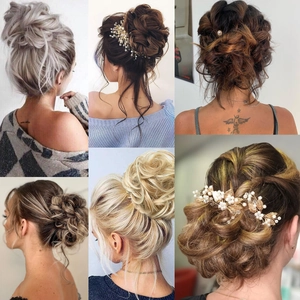 Detailed collage showing messy bun hair extensions in various colors with pearl hair accessories