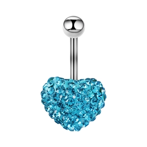 Detailed view of silver belly ring with a heart-shaped pendant and blue crystals