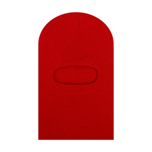 Detail of red ribbed knit balaclava for kids showing soft texture and face opening