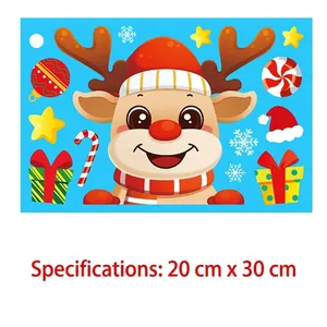 Detailed sheet of 14 cartoon Christmas window stickers featuring reindeer and gift boxes