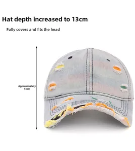 Detailed view of washed denim baseball cap featuring a 13cm depth and colorful patches