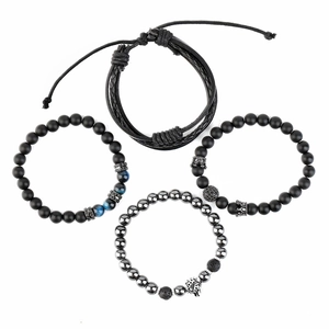 Detailed set of four men's bracelets with black leather, lava stone, and tiger eye beads