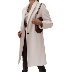 Women's long wool-blend coat in ivory white featuring a notched lapel and button closure