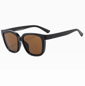 Detail view of square black frames with brown lenses and metal hinges on sunglasses