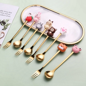 8-piece gold stainless steel dessert spoon and fork set with cute cartoon animal figures
