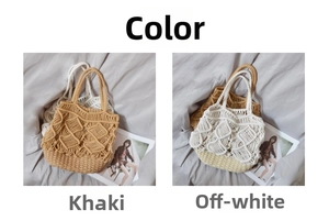 Detail of hollow woven bucket bag showing khaki and beige knit patterns on fabric
