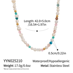 Detail view of 18K gold-plated stainless steel necklace with natural stones and pearls