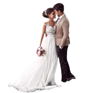 Elegantes Hochzeitskleid aus Spitze und Chiffon mit Schleppe und khakifarbener Herrenanzug