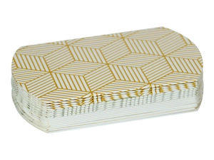 Stack of white pillow candy boxes with elegant gold geometric patterns shown at 45-degree angle
