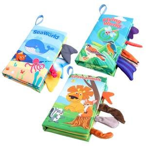 Three-piece baby cloth book set with 3D animal tails for sensory learning and play