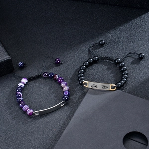Custom adjustable braided bracelets with agate beads and engraved stainless steel eye charms