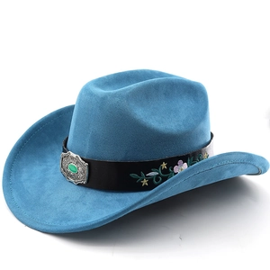 Blue suede western cowboy hat with floral embroidery and turquoise silver buckle detail
