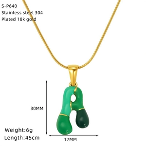 Colorful 18K gold plated stainless steel letter A necklace with green enamel drip oil