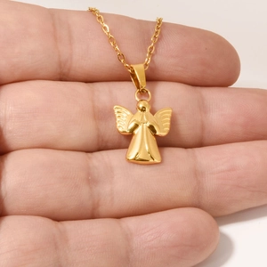 3D angel pendant necklace in 18k gold plated stainless steel held in hand for size