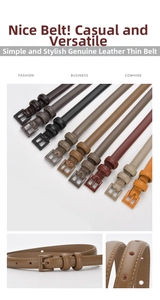 Detail of cowhide leather slim belt buckle and stitching in multiple vibrant colors