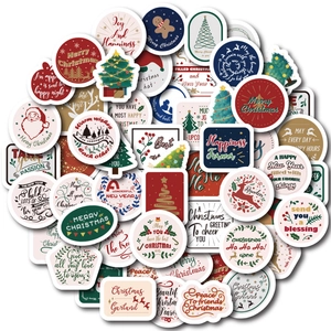 Flat lay of assorted cute cartoon Christmas stickers with festive holiday patterns