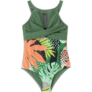 Close-up of tropical print girls' swimsuit with dark green bodice and mesh hollow detailing