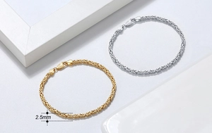 Detailed macro view of 2.5mm Italian S925 sterling silver flat Byzantine chain bracelets