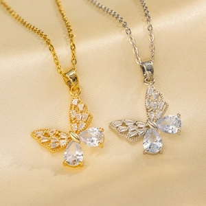 Butterfly Pendant Necklace Titanium Steel With Sparkling Zircon Crystals Elegant Dainty Minimalist Jewelry Gift For Women