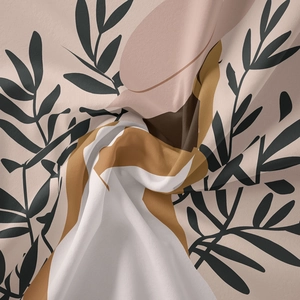 Close-up of bohemian fabric texture with abstract botanical print and soft folds