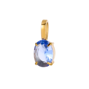 Detailed view of light blue oval gemstone pendant in golden stainless steel setting