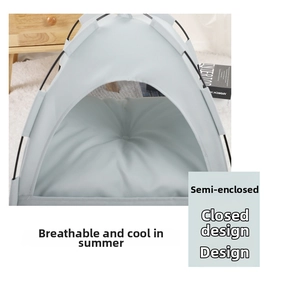 Detail of breathable pet tent featuring mesh side and thick padded cushion in light blue