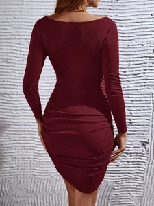 Slim fit burgundy knit maternity dress with long sleeves and square neck for women