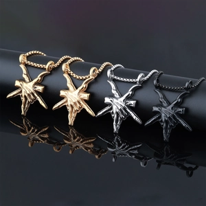 Gothic punk devil hand necklaces in gold, bronze, silver and black finishes with box chains